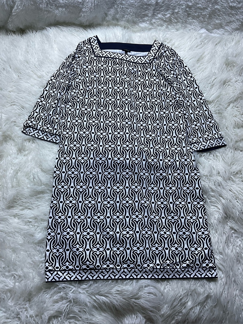 Talbots Catalina Cloth 3/4 Sleeve Sheath Dress Navy White Square Neck